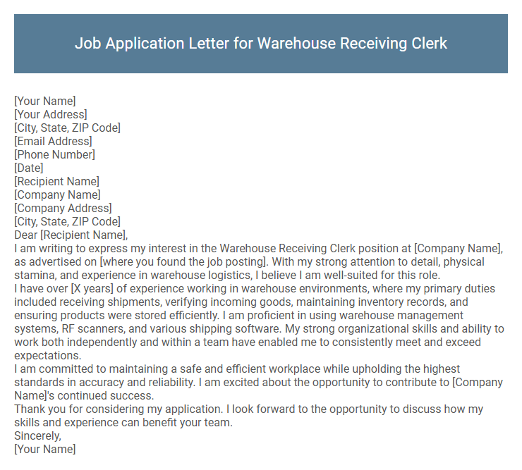 Job Application Letter for Warehouse Receiving Clerk