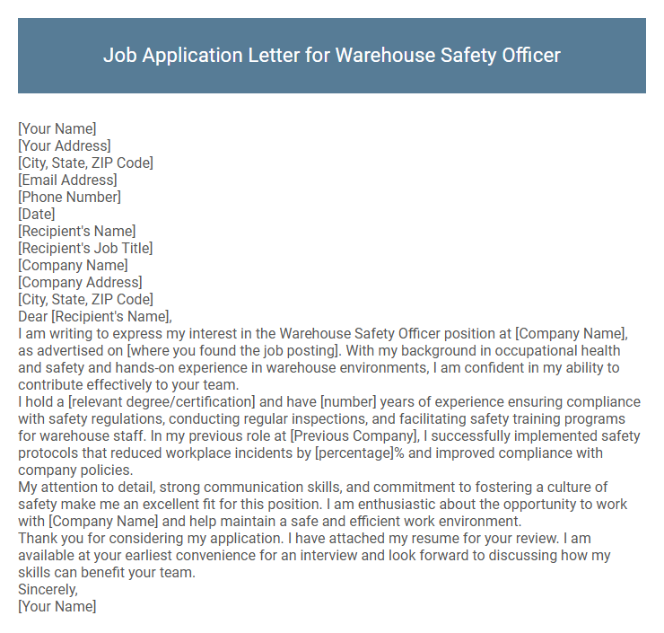 Job Application Letter for Warehouse Safety Officer
