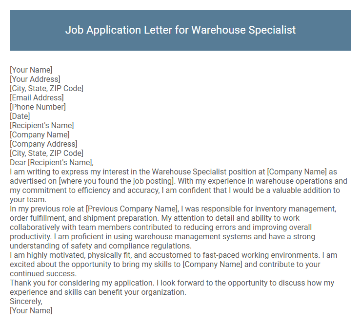 Job Application Letter for Warehouse Specialist