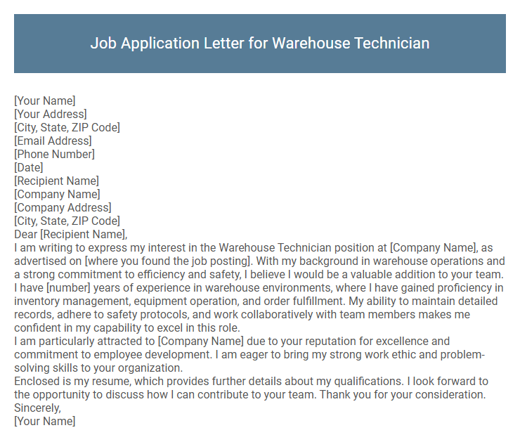 Job Application Letter for Warehouse Technician