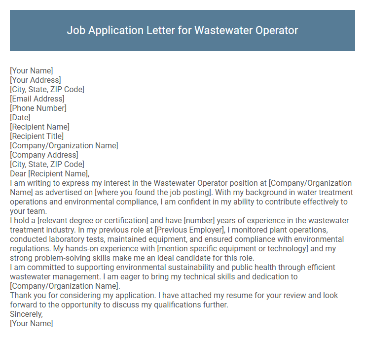 Job Application Letter for Wastewater Operator