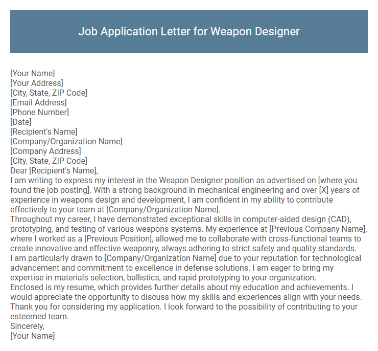Job Application Letter for Weapon Designer