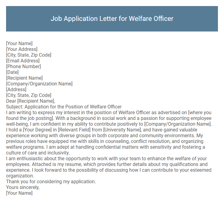 Job Application Letter for Welfare Officer