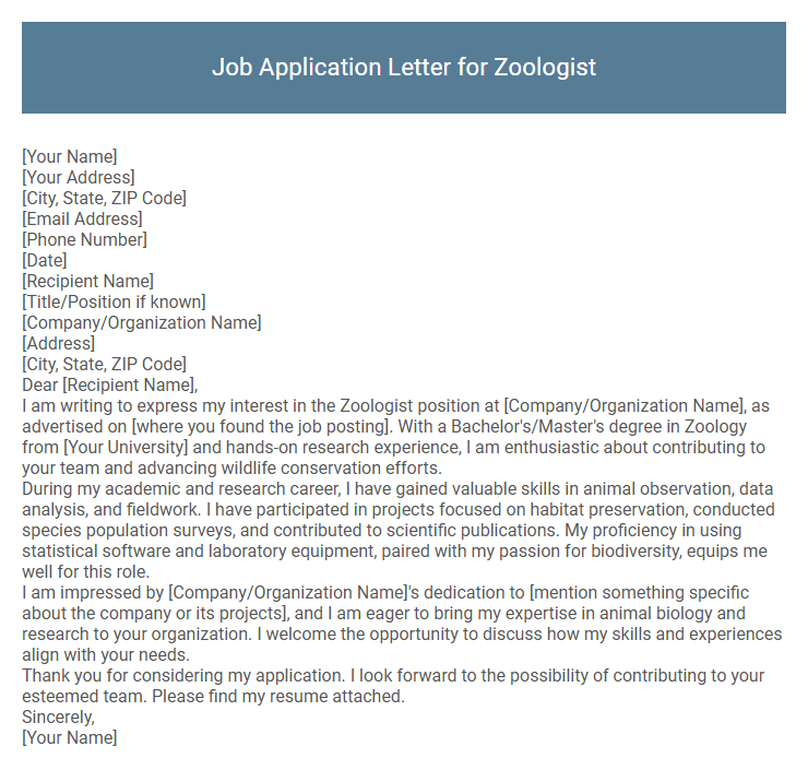 Job Application Letter for Zoologist