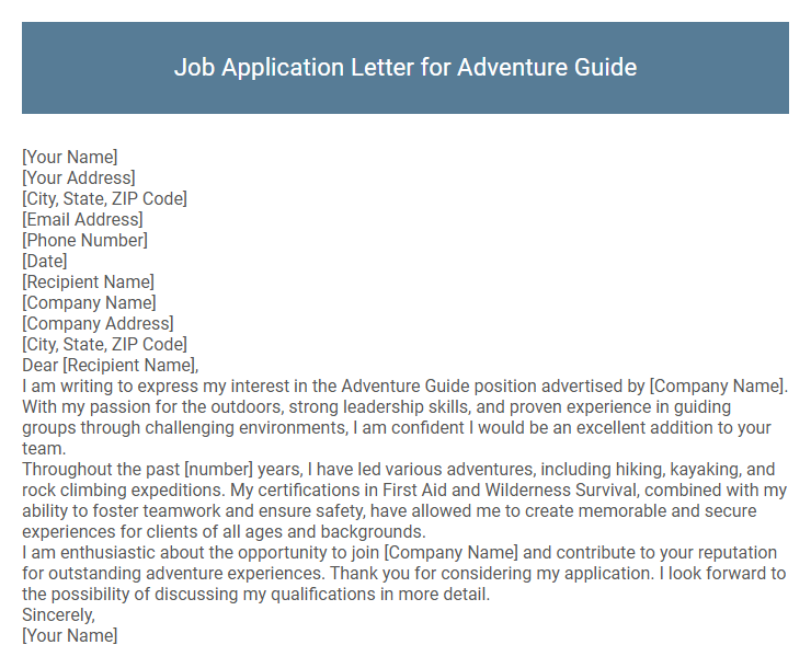 Job Application Letter for Adventure Guide