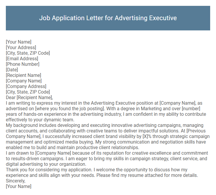 Job Application Letter for Advertising Executive