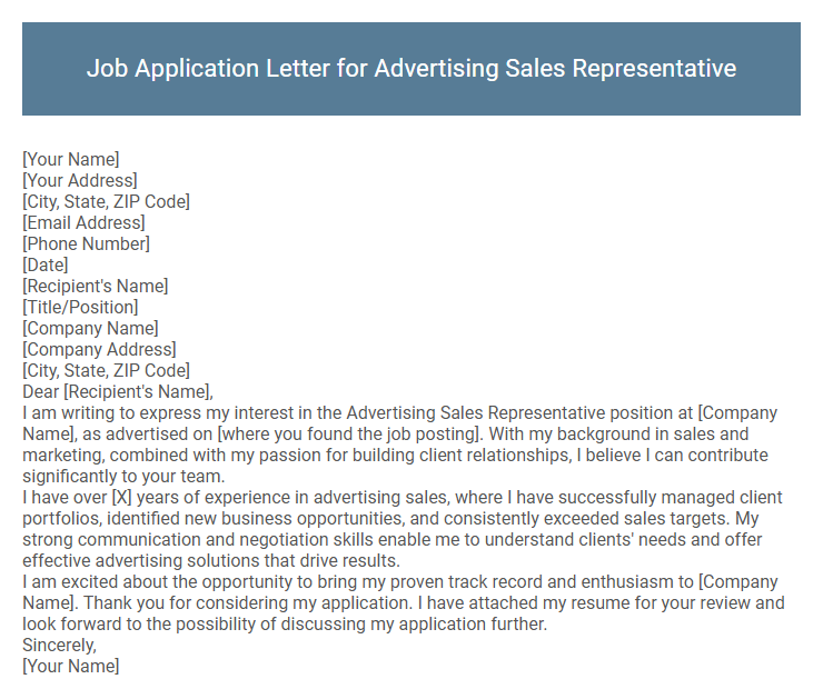 Job Application Letter for Advertising Sales Representative