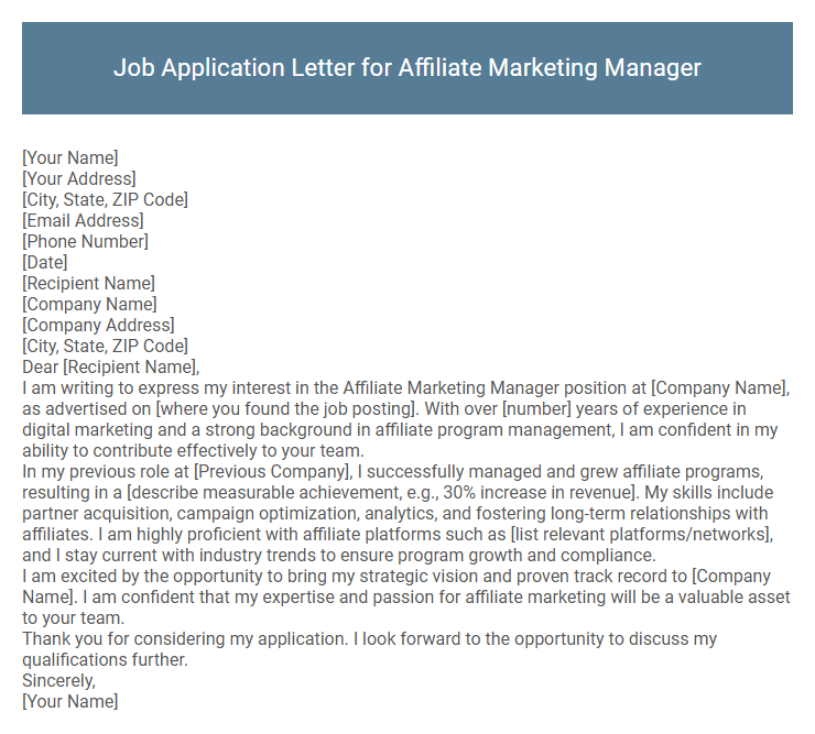 Job Application Letter for Affiliate Marketing Manager