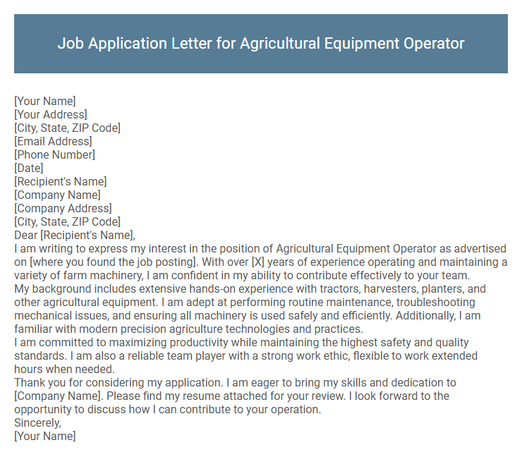 Job Application Letter for Agricultural Equipment Operator