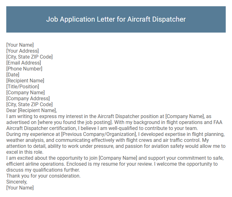 Job Application Letter for Aircraft Dispatcher