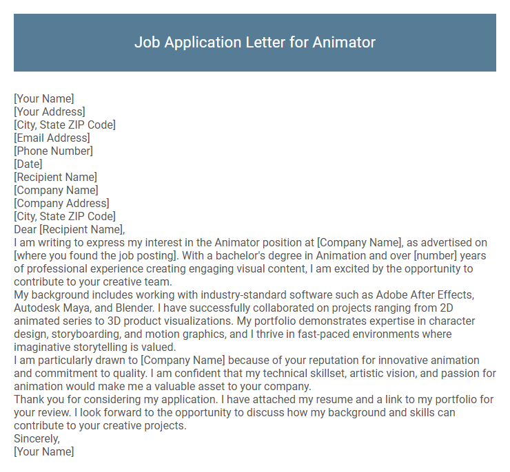 Job Application Letter for Animator
