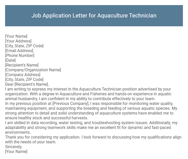 Job Application Letter for Aquaculture Technician