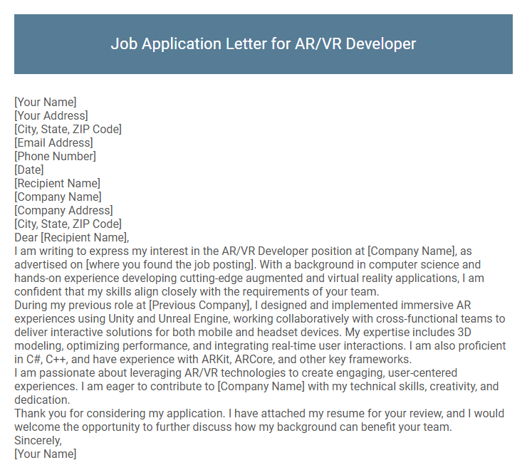 Job Application Letter for AR/VR Developer