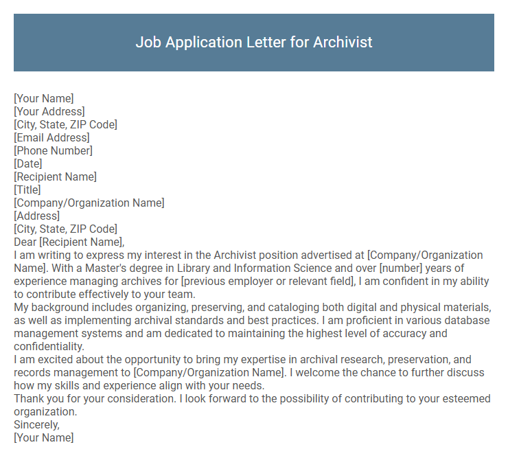 Job Application Letter for Archivist