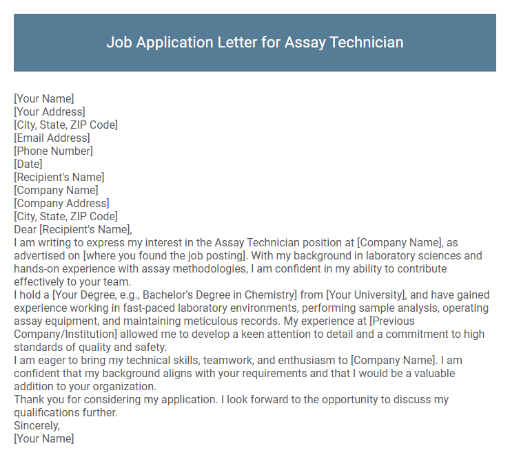 Job Application Letter for Assay Technician