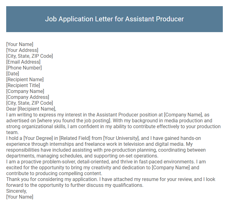 Job Application Letter for Assistant Producer