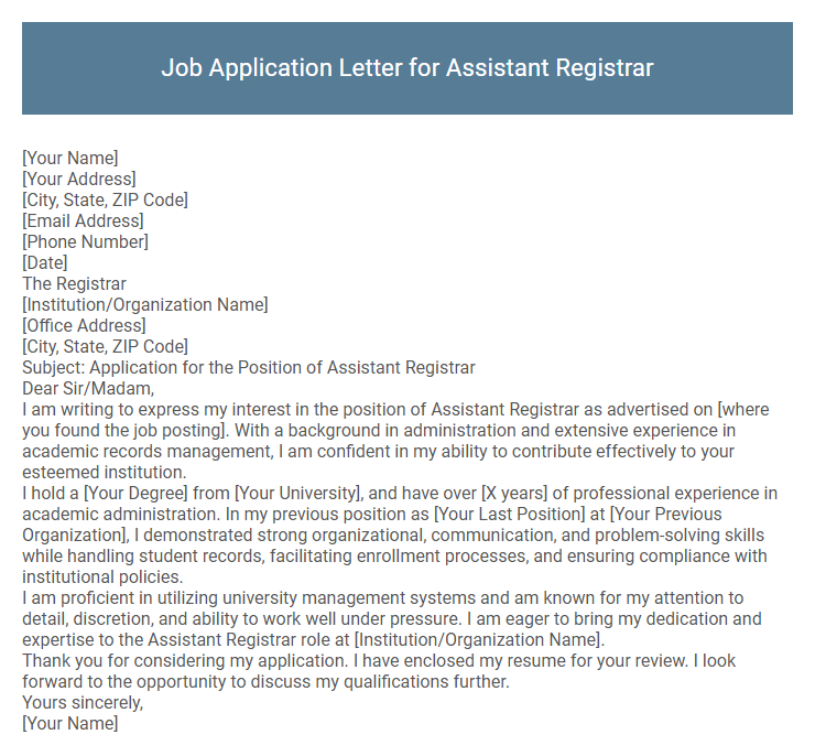 Job Application Letter for Assistant Registrar