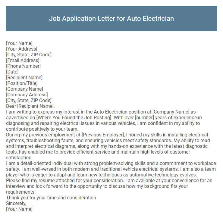 Job Application Letter for Auto Electrician