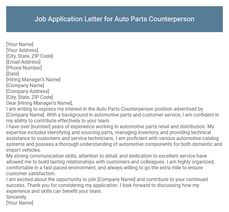 Job Application Letter for Auto Parts Counterperson