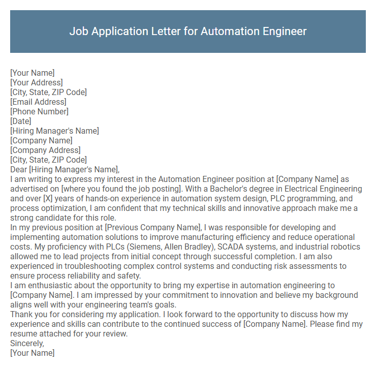 Job Application Letter for Automation Engineer