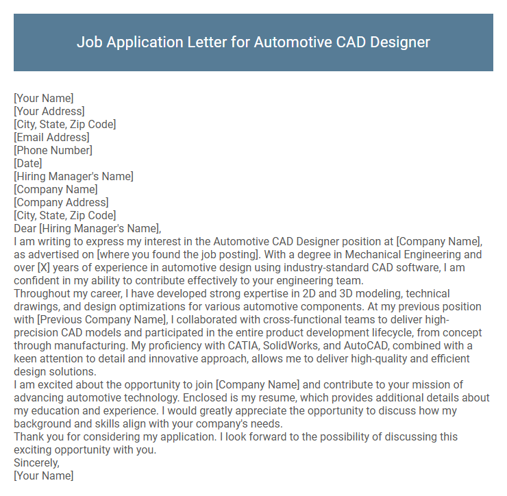 Job Application Letter for Automotive CAD Designer