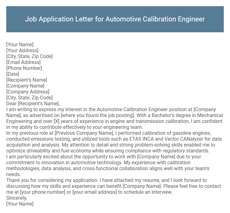 Job Application Letter for Automotive Calibration Engineer