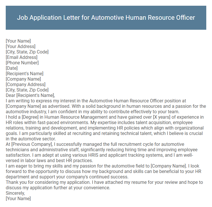 Job Application Letter for Automotive Human Resource Officer