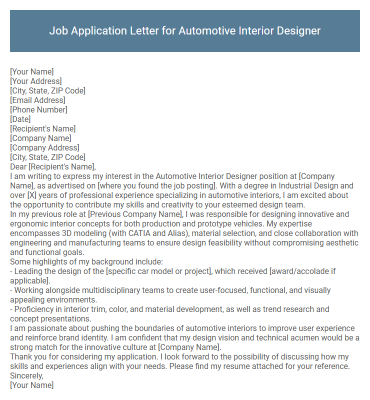 Job Application Letter for Automotive Interior Designer