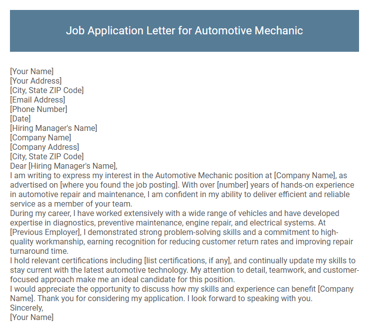 Job Application Letter for Automotive Mechanic