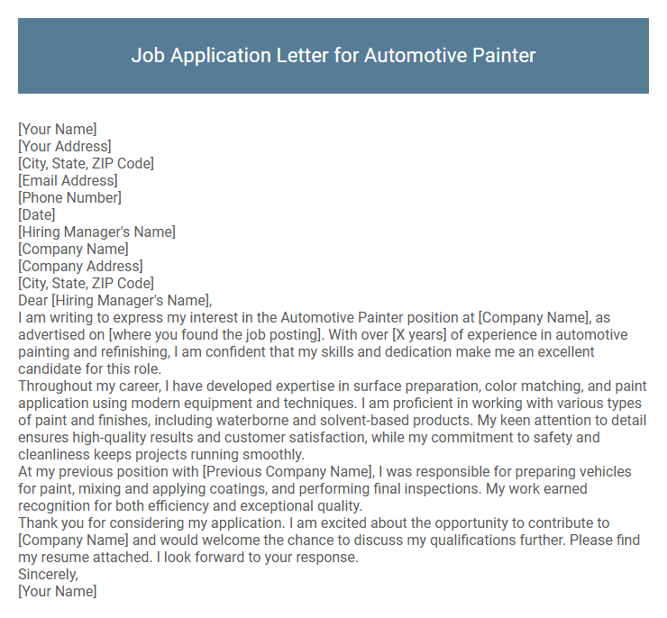 Job Application Letter for Automotive Painter