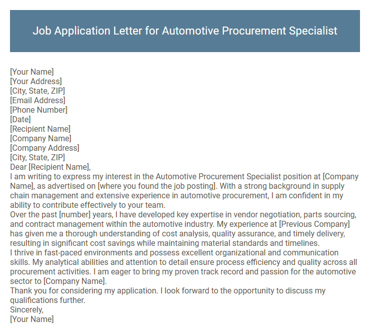 Job Application Letter for Automotive Procurement Specialist