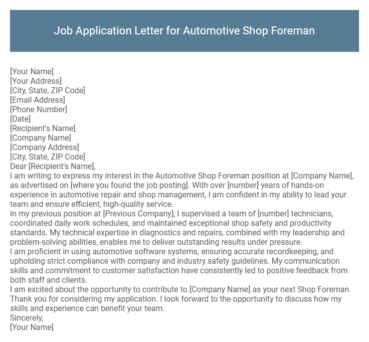 Job Application Letter for Automotive Shop Foreman