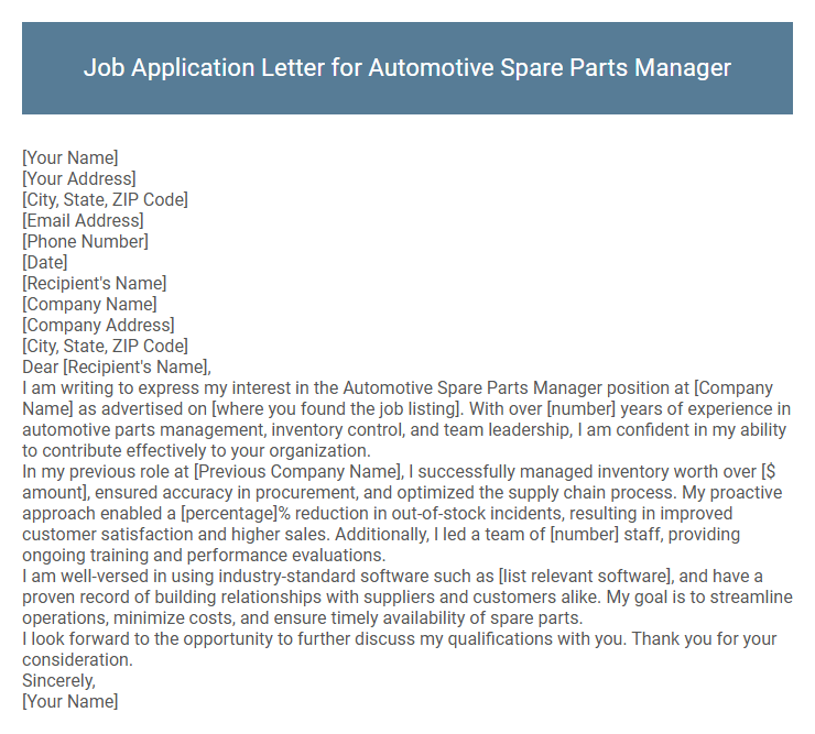 Job Application Letter for Automotive Spare Parts Manager