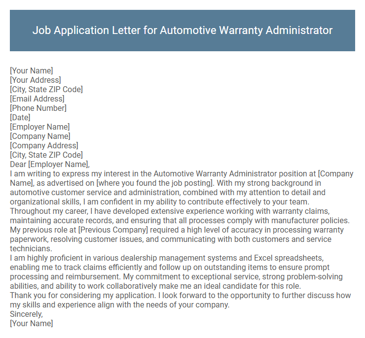 Job Application Letter for Automotive Warranty Administrator