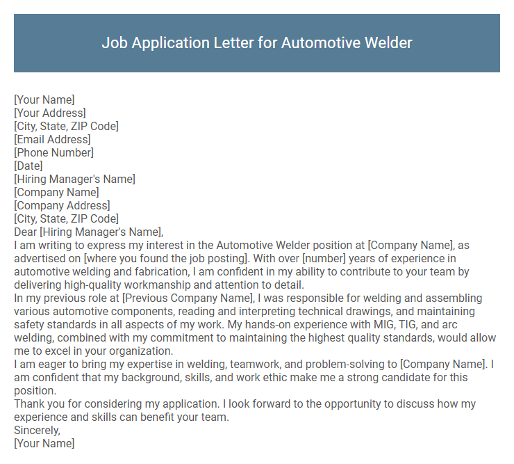 Job Application Letter for Automotive Welder