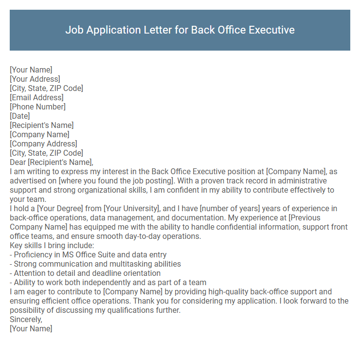 Job Application Letter for Back Office Executive