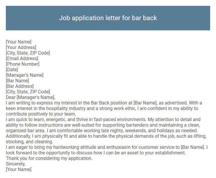 Job application letter for bar back