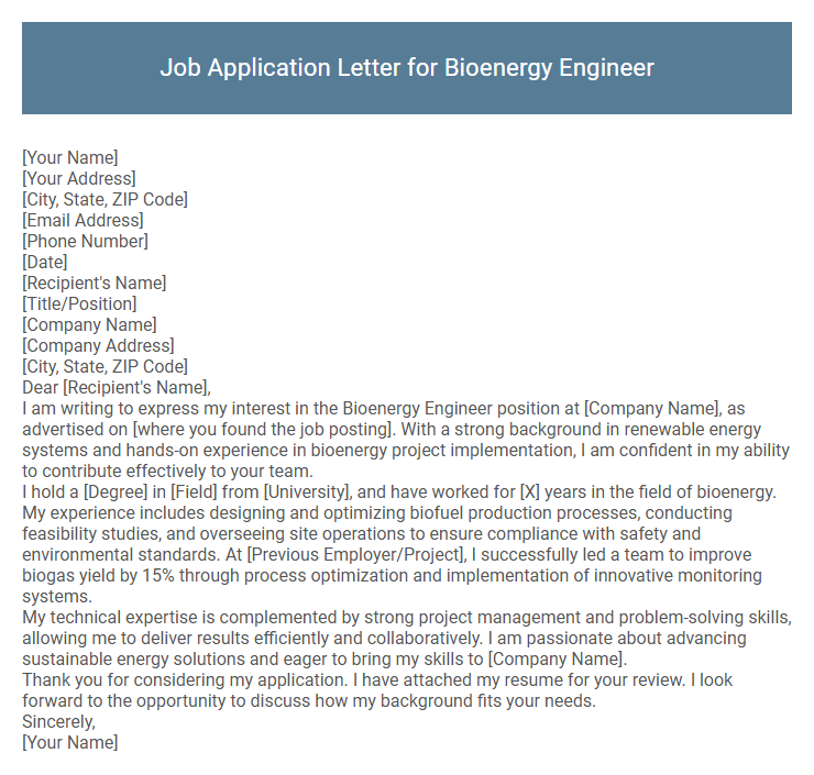 Job Application Letter for Bioenergy Engineer