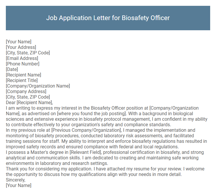 Job Application Letter for Biosafety Officer