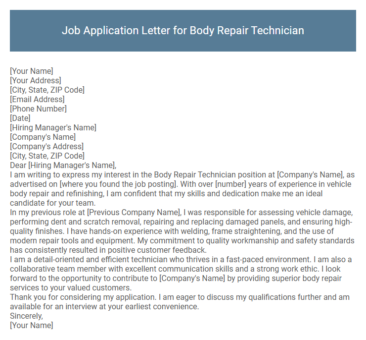 Job Application Letter for Body Repair Technician