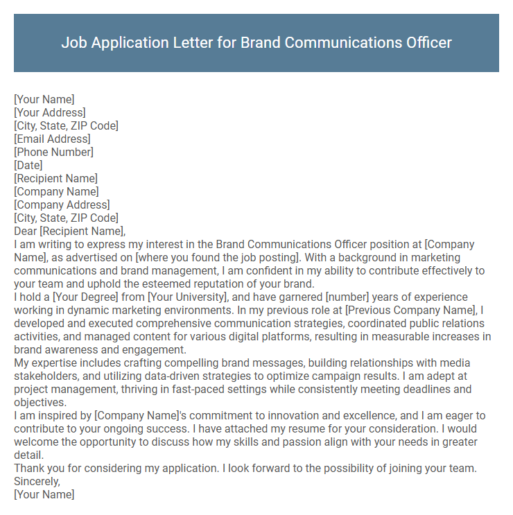 Job Application Letter for Brand Communications Officer