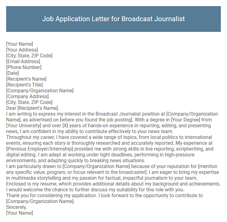 Job Application Letter for Broadcast Journalist