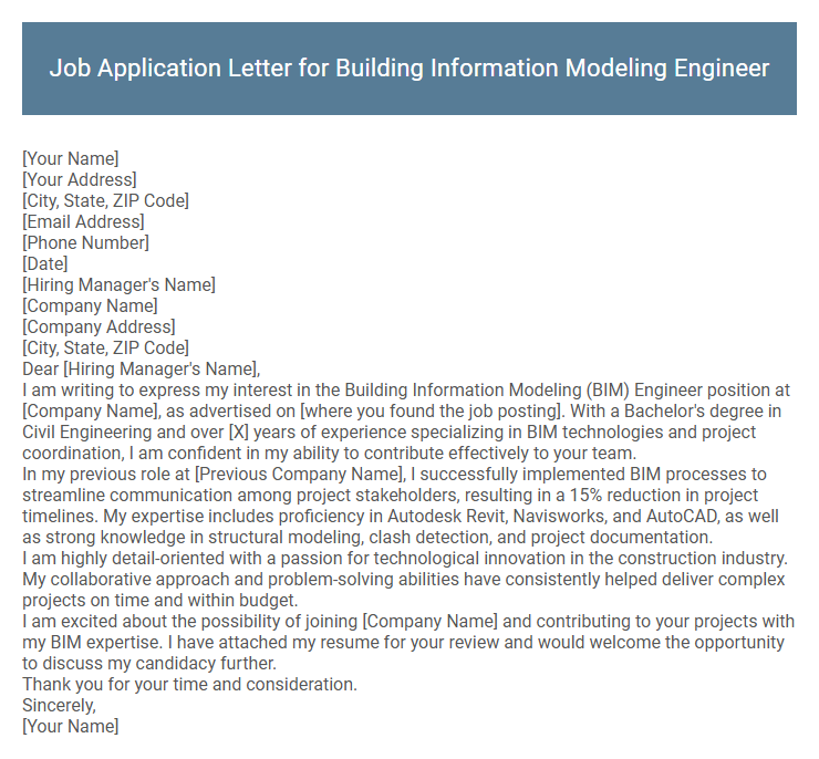 Job Application Letter for Building Information Modeling Engineer