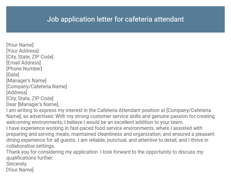 Job application letter for cafeteria attendant