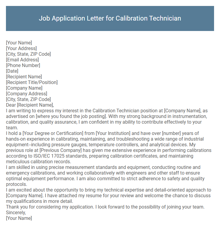 Job Application Letter for Calibration Technician