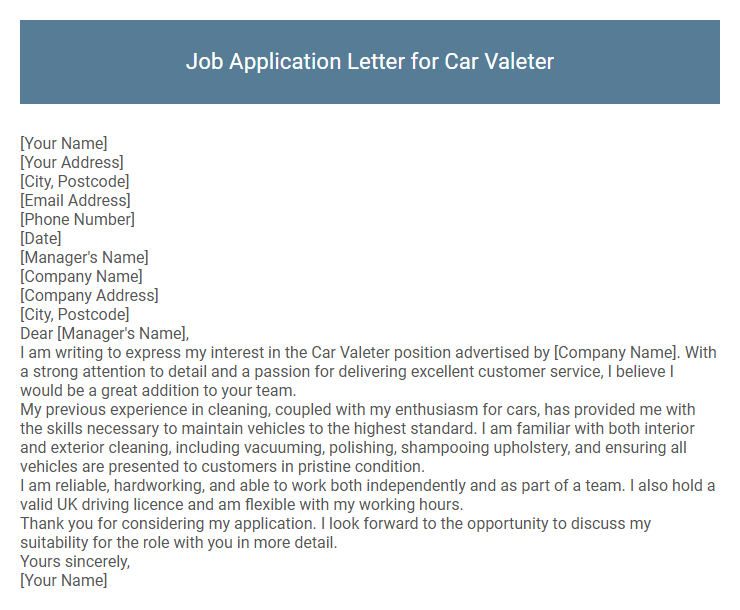 Job Application Letter for Car Valeter