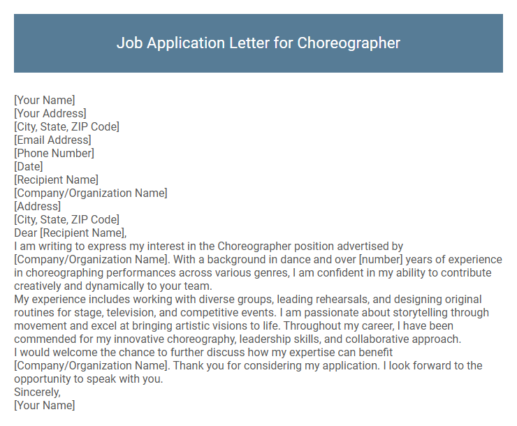 Job Application Letter for Choreographer