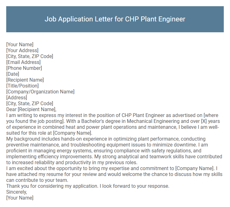 Job Application Letter for CHP Plant Engineer