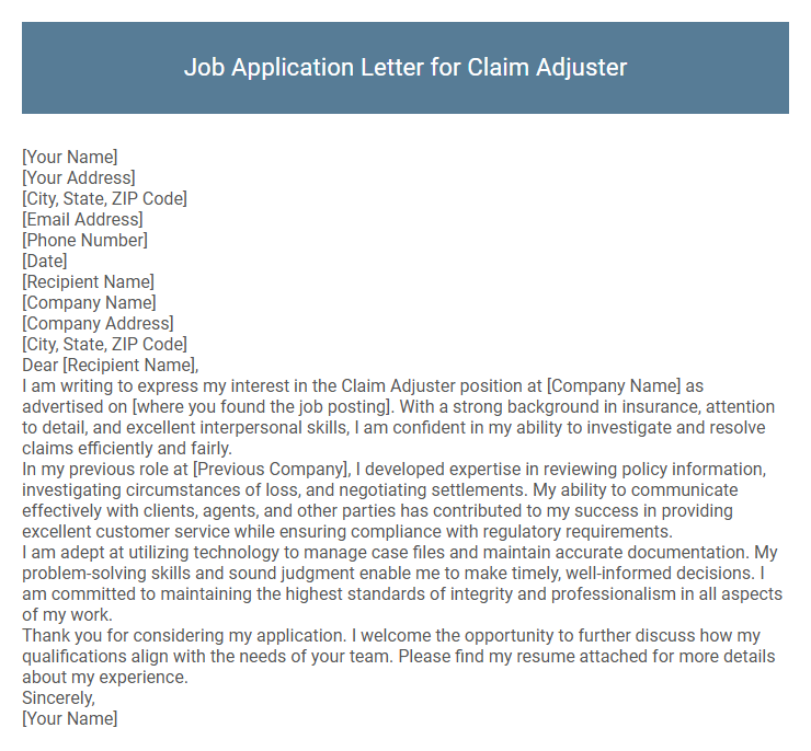 Job Application Letter for Claim Adjuster