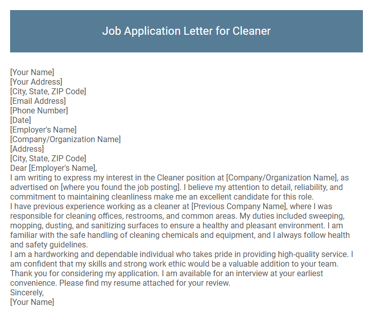 Job Application Letter for Cleaner